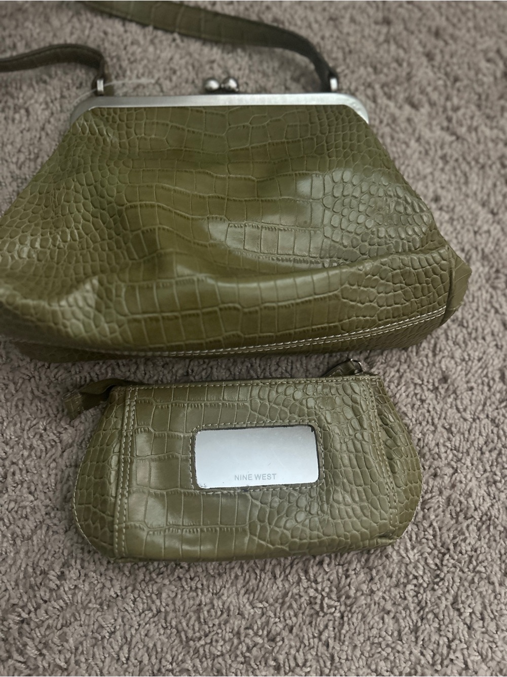 Nine West Olive Croc-Embossed Shoulder Bag with Matching Wristlet